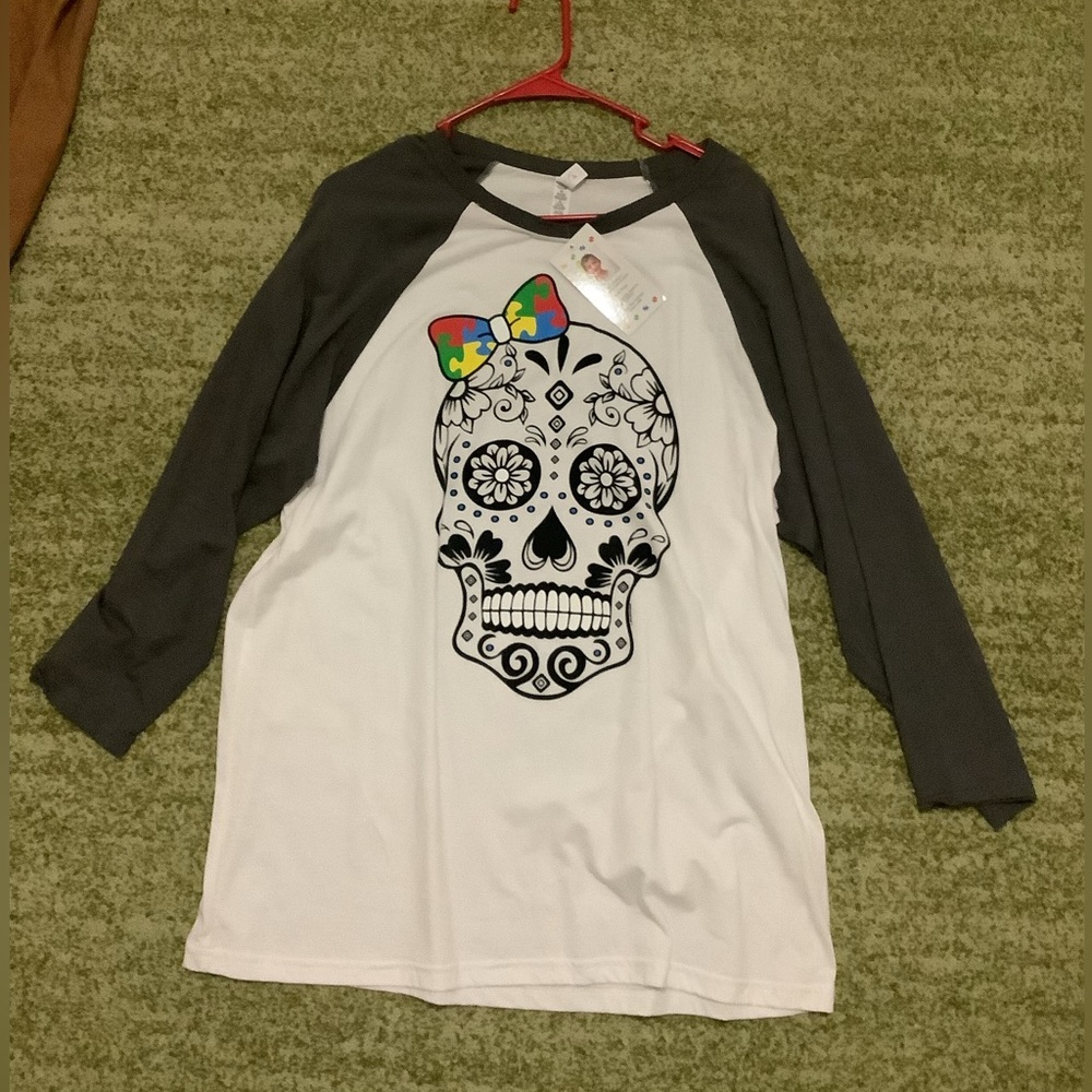 NWT autism skull 3/4 sleeve blouse XL women